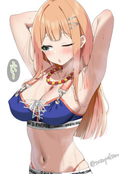 1girl armpits arms_behind_head averting_eyes bead_necklace beads blue_sports_bra breasts cleavage closed_mouth embarrassed gakuen_idolmaster green_eyes idolmaster jewelry large_breasts mole mole_under_eye necklace one_eye_closed orange_hair producer_(idolmaster) sasanon_(sasapoliton) shiun_sumika simple_background speech_bubble sports_bra thought_bubble translation_request twitter_username white_background