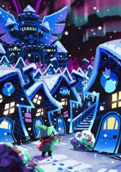 Rule 34 | 1boy, absurdres, animal ears, artist name, aurora, black sky, bush, castle, commentary request, deltarune, door, dress, facing away, footprints, from behind, goat ears, green dress, green headwear, highres, house, icicle, male focus, night, outdoors, pink scarf, ralsei, scarf, scenery, sky, snow, snowing, solo, stairs, town, utdr (toby fox), walking, watawata22, wide shot, winter