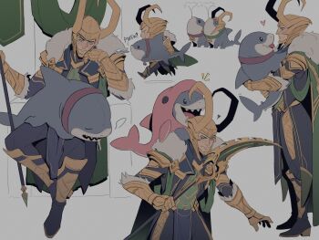 absurdres black_bodysuit black_loincloth bodysuit cape cheekbones commentary creature creature_on_lap drooling english_commentary fake_horns fur-trimmed_cape fur_trim gold_gauntlets gold_helmet green_cape green_eyes grey_background hand_on_own_cheek hand_on_own_face heart helmet highres holding holding_creature holding_staff horned_helmet horns jeff_(marvel) jeff_the_land_shark jeff_the_land_shark_(incognito_dolphin) loki_(marvel) male_focus marvel marvel_rivals multiple_views official_alternate_costume pelvic_curtain serpentbun sharp_teeth sitting sitting_on_throne sleeping staff teeth thor_(marvel)_(series) unamused