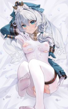 1girl absurdres blue_eyes bodystocking braid breasts commentary_request covered_erect_nipples cum cum_on_body cum_on_breasts cum_on_stomach cum_on_upper_body detached_collar detached_sleeves facial green_hat green_sleeves hair_between_eyes hat highres honkai_(series) honkai_impact_3rd long_hair looking_at_viewer nipples no_shoes side_braid smile solo theresa_apocalypse theresa_apocalypse_(astralop) thigh_strap torn_bodystocking torn_clothes variant_set white_bodystocking white_hair yonbajai