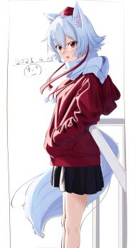 1girl against_railing animal_ears black_skirt casual commentary_request contemporary dated fringe_trim from_side hands_in_pockets hat highres hood hood_down hoodie inubashiri_momiji looking_at_viewer miniskirt open_mouth partial_commentary pleated_skirt railing ransyamaaa96818 red_eyes red_hat red_hoodie scarf short_hair signature skirt solo standing tail tokin_hat touhou white_background white_hair white_scarf wolf_ears wolf_girl wolf_tail