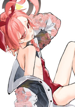 Rule 34 | 1girl, ahoge, animal ear hairband, animal ears, arm behind head, atatcurry, blue archive, blush, braid, breasts, eyes visible through hair, fake animal ears, floral print jacket, from side, hair over one eye, hairband, halo, hand in own hair, huge ahoge, jacket, leotard, neru (blue archive), neru (bunny) (blue archive), off-shoulder jacket, off shoulder, open clothes, open jacket, open mouth, orange hair, playboy bunny, rabbit ear hairband, rabbit ears, red eyes, red hairband, red leotard, red nails, ribs, short hair, side braid, sitting, small breasts, solo, sukajan, white background