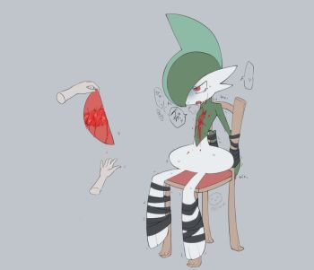 ... 1other ariumu arms_behind_back bleeding blood blood_drip blood_drop blood_on_stomach blood_splatter bound bound_arms bound_legs chair colored_skin crying disembodied_hand dismemberment facing_another gallade gen_4_pokemon green_hair grey_background guro half-closed_eyes heart_(organ) heavy_breathing holding holding_another's_horns holding_heart_(organ) injury looking_at_another mohawk multicolored_skin mutilation nintendo on_chair open_hand open_mouth pokemon pokemon_(creature) red_eyes restrained sitting speech_bubble streaming_tears tearing_up tears tied_up_(nonsexual) trembling two-tone_skin