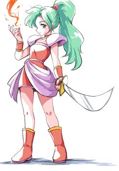 1girl armor blue_eyes boots bracer breasts closed_mouth dress earrings final_fantasy final_fantasy_vi flaming_hand full_body green_hair highres holding holding_sword holding_weapon ikaringo_(ikaringo4444) jewelry light_smile long_hair parted_bangs ponytail red_boots red_dress sash short_dress shoulder_armor small_breasts solo standing sword tina_branford waist_sash weapon white_background