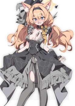 1girl absurdres animal_ear_fluff animal_ears black_dress black_hairband black_hat blue_archive blue_eyes blush breasts cat_ears cat_girl choker collarbone dress frilled_choker frills grey_dress grey_pantyhose hairband halo hat highres idol idol_clothes long_hair low_twintails mari_(blue_archive) mari_(idol)_(blue_archive) medium_breasts mini_hat mini_top_hat official_alternate_costume open_mouth orange_hair pantyhose simple_background solo to_(tototo_tk) top_hat torn_clothes torn_dress torn_pantyhose twintails white_background wrist_wrap yellow_halo