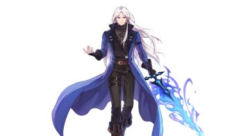 1boy ankle_boots arm_strap artist_request belt belt_boots belt_buckle black_belt black_gloves black_pants black_sweater blue_coat blue_fire blue_sleeves boots brown_belt brown_boots buckle closed_mouth coat covered_abs covered_pectorals curtained_hair dress_pants expressionless feet_out_of_frame fire flaming_sword flaming_weapon floating_hair gloves grey_eyes hair_behind_ear hair_intakes highres holding holding_sword holding_weapon jewelry lapels left-handed leg_belt long_hair looking_to_the_side male_focus multiple_belts necklace nexon notched_lapels o-ring o-ring_belt official_art open_clothes open_coat open_hand pants pectorals pocket second-party_source shoulder_belt simple_background solo straight_hair sweater sword sword_necklace tales_weaver transparent_background tsurime turtleneck turtleneck_sweater walking_towards_viewer weapon white_hair yevgnen_jineman