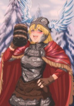 absurdres armor blonde_hair blush cape chainmail commission dominions gloves hand_on_own_hip helmet highres leather leather_gloves long_hair looking_at_viewer open_mouth red_cape red_sleeves smile snow_on_tree step_arts tree valkyrie winged_helmet wooden_cup