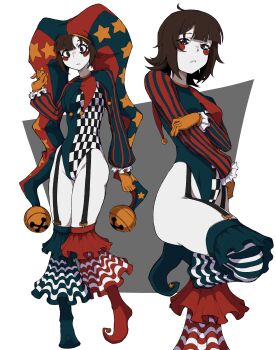 1girl absurdres asymmetrical_gloves blue_eyes blush_stickers brown_hair checkered_clothes colored_skin detached_eyes gloves hat hat_bell highres jester jester_cap jester_costume kekel mismatched_gloves multicolored_eyes multicolored_hat pomni_(the_amazing_digital_circus) puffy_sleeves red_eyes short_hair short_sleeves solo star_(symbol) star_print striped_clothes striped_headwear suspenders the_amazing_digital_circus two-tone_eyes vertical-striped_clothes vertical-striped_headwear white_skin