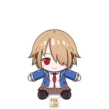 1girl artist_logo bilingual_commentary blue_jacket blush_stickers brown_hair brown_skirt character_doll chibi chibi_only collared_shirt commentary doll english_text full_body fumo_(doll) hair_over_one_eye heaven_burns_red highres jacket kayamori_ruka logo long_sleeves looking_at_viewer mixed-language_commentary necktie open_clothes open_jacket plaid_clothes plaid_skirt poklow red_eyes red_necktie school_uniform shirt short_hair simple_background skirt solo white_background white_shirt