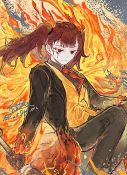 Rule 34 | 1girl, alyssa (project moon), ardor blossom star (e.g.o), black jacket, black pants, black shirt, blood, blood on face, brown gloves, center-flap bangs, collared shirt, commentary, e.g.o (project moon), english commentary, feet out of frame, fiery clothing, fiery wings, fire, fire hair ornament, gloves, highres, holding, holding weapon, jacket, kalliope orc, knees up, legs together, limbus company, long sleeves, looking ahead, necktie, open clothes, open jacket, orange vest, pants, project moon, red eyes, red hair, red necktie, shirt, signature, solo, twintails, twitter username, vest, weapon, wing collar, wings