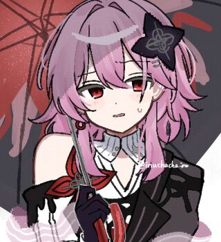 1girl black_flower black_gloves commentary_request earrings evernight_(honkai:_star_rail) flower gloves hair_flower hair_intakes hair_ornament highres holding holding_umbrella honkai:_star_rail honkai_(series) inuchacha_inu jewelry march_7th_(honkai:_star_rail) official_alternate_costume official_alternate_design official_alternate_eye_color parted_lips pink_hair portrait single_bare_shoulder single_earring solo sweatdrop umbrella