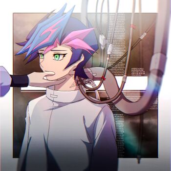 1boy android arms_at_sides atltax_00 blue_hair border brown_background cable colored_bangs dappled_sunlight expressionless facing_another facing_to_the_side fujiki_yusaku green_eyes hand_on_another&#039;s_cheek hand_on_another&#039;s_chin hand_on_another&#039;s_face highres humanoid_robot light_particles looking_at_another looking_to_the_side male_focus mechanization numbered ornate_border purple_shirt robot shirt spiked_hair straitjacket sunlight tape white_border white_shirt wire yu-gi-oh! yu-gi-oh!_vrains