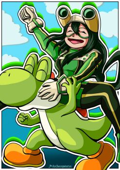 1boy 1girl archecopetery artist_name asui_tsuyu asui_tsuyu_(hero_outfit) beige_gloves bodysuit boku_no_hero_academia crossover goggles goggles_on_head green_bodysuit green_hair mario_(series) nintendo superhero_costume trait_connection yoshi