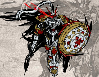 Rule 34 | armor, asymmetrical dual wielding, digimon, digimon (creature), dual wielding, dukemon, full body, glowing, glowing eyes, grey background, highres, holding, holding polearm, holding shield, holding weapon, lance, midnight toyosu, polearm, red eyes, shield, solo focus, weapon, white armor, zoom layer