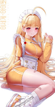 1girl absurdres ahoge apron ass bandaid bandaid_on_leg bike_shorts blonde_hair blush breasts character_name earrings frilled_apron frills grin hair_ornament hand_up highres jacket jersey_maid jewelry jingburger korean_commentary large_breasts long_hair long_sleeves looking_at_viewer loose_socks maid maid_apron maid_headdress medium_breasts nail_polish orange_jacket orange_nails parted_lips red_eyes shoes short_shorts shorts simple_background sitting sleeves_past_wrists smile sneakers socks solo thighs track_jacket unconventional_maid very_long_hair virtual_youtuber waist_apron waktaverse white_apron white_background white_socks yeondo zipper zipper_pull_tab