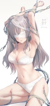 1girl armpit_crease armpits arms_behind_head arms_up artist_logo artist_name bdsm belly blindfold blood blush bondage bound bound_arms bound_wrists bow bow_bra bow_panties bowtie bra breasts cleavage clenched_hand collarbone commentary_request feet_out_of_frame female_focus foley_anden foot_out_of_frame grey_hair hair_between_eyes highres idolmaster idolmaster_shiny_colors lace lace-trimmed_bra lace-trimmed_panties lace_trim large_breasts linea_alba lingerie logo long_hair looking_ahead looking_at_viewer looking_to_the_side looking_up navel open_mouth panties parted_lips purple_eyes restrained school_uniform sidelocks simple_background sitting solo stomach thighs thorns tongue twintails two_side_up underwear underwear_only watermark white_background white_bow white_bowtie white_bra white_panties yukoku_kiriko