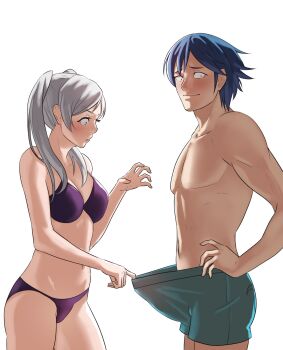 1boy 1girl blue_hair blush chrom_(fire_emblem) clothes_pull female_robin_(fire_emblem) fire_emblem fire_emblem_awakening higher_resolution_available highres nintendo one-piece_swimsuit_pull pomelomelon surprised twintails white_hair