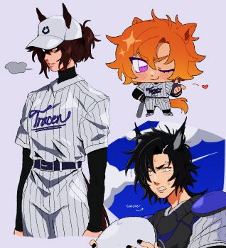 3girls agnes_tachyon_(umamusume) air_shakur_(umamusume) alternate_costume animal_ears asymmetrical_bangs baseball_bat baseball_cap baseball_uniform belt black_shirt blue_belt blush breath brown_tail catcher_(baseball) chibi closed_eyes commentary cropped_legs ears_through_headwear english_commentary english_text eyebrow_piercing face_piercing furrowed_brow hat heart helmet high_collar highres holding holding_baseball_bat horse_ears horse_girl horse_tail l_hand medium_hair missing_headwear multiple_girls nail_polish no_earrings orange_hair orange_tail pants partially_shaded_face piercing pinstripe_pants pinstripe_pattern pinstripe_shirt ponytail purple_eyes raccrows red_eyes sharp_teeth shirt short_hair single_hair_intake smile sportswear striped_clothes striped_pants striped_shirt sweatdrop t.m._opera_o_(umamusume) tail teeth umamusume undershirt vertical-striped_clothes vertical-striped_pants vertical-striped_shirt white_helmet white_pants white_shirt yellow_eyes