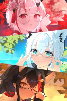 Rule 34 | 3girls, absurdres, animal ears, aqua eyes, black hair, blue skirt, braid, commentary request, flower, fox ears, fox girl, glasses, hair between eyes, hair flower, hair ornament, highres, hololive, horn ornament, horns, looking at viewer, mk haku, moon, multicolored hair, multiple girls, nakiri ayame, official alternate costume, one eye closed, oni, ookami mio, ookami mio (hoodie), open mouth, red eyes, red hair, red moon, shirakami fubuki, single braid, skin-covered horns, skirt, smile, sunset, virtual youtuber, white hair, wolf ears, wolf girl, yellow eyes