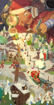 2girls 6+boys absurdres afro blurry_border brook_(one_piece) commentary facial_hair franky_(one_piece) goatee hat headphones highres holding holding_magnifying_glass hood jinbe_(one_piece) long_hair long_nose magnifying_glass mini_person monkey_d._luffy multiple_boys multiple_girls nami_(one_piece) nico_robin one_piece ponytail roronoa_zoro sanji_(one_piece) santa_costume santa_hat short_hair siyangou49 smile tongue tongue_out tony_tony_chopper usopp wristband