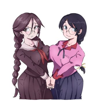 2girls bakemonogatari black_hair black_ribbon black_skirt blue_eyes blue_pants blush braid breast_press closed_mouth collared_shirt commentary danganronpa:_trigger_happy_havoc danganronpa_(series) english_commentary fan_request fukawa_toko grey_eyes hair_ribbon hanekawa_tsubasa highres holding_hands long_hair long_sleeves mole mole_under_eye monogatari_(series) multiple_girls neck_ribbon neckerchief pants pink_shirt purple_hair purple_pupils purple_serafuku purple_shirt purple_skirt red_neckerchief ribbon round_eyewear sadist_potatoe sailor_collar school_uniform serafuku shirt simple_background single_braid skirt skirt_set smile twin_braids twintails white_background white_sailor_collar yellow_ribbon