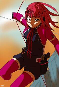 Rule 34 | 1girl, amputee, breasts, commentary, double amputee, elbow gloves, gloves, green eyes, gun, handgun, headphones, highres, holster, holstered, jacket, katori squad's uniform, katori youko, long hair, masakazu ori, orange background, parted lips, purple gloves, purple jacket, red hair, short jumpsuit, short sleeves, signature, solo, thigh holster, thighhighs, weapon, wire, world trigger