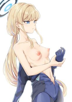 Rule 34 | 1girl, blonde hair, blue archive, blue bodysuit, blue eyes, blue halo, bodysuit, breasts, from side, funyariko, halo, highres, long hair, looking at hand, low ponytail, medium breasts, multicolored hair, navel, nipples, partially undressed, ponytail, puffy nipples, streaked hair, toki (armed) (blue archive), toki (blue archive), very long hair