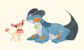 2others animal animal_focus bow bowtie cat closed_eyes closed_mouth delcatty gen_3_pokemon green_bow green_bowtie happy highres kerchief multiple_others niko_(seaquestions) nintendo no_humans open_mouth pokemon pokemon_(creature) red_kerchief sitting standing swampert