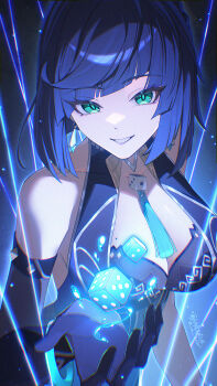 1girl bare_shoulders blue_background blue_hair bob_cut bracelet breasts cleavage commentary_request dice earrings elbow_gloves floating floating_object genshin_impact gloves green_eyes grin hand_up highres hydrokinesis jewelry large_breasts looking_at_viewer mole mole_on_breast neck_tassel no_jacket revision short_hair single_elbow_glove smile solo sucui_qiuqiu tassel upper_body water yelan_(genshin_impact)