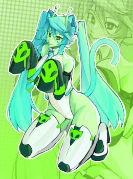 Rule 34 | 1girl, alien, animal ears, antennae, aqua hair, aqua necktie, black sleeves, boots, cat ears, cat tail, collared leotard, colored skin, detached sleeves, emily botta, glorpi miku (dyarikku), green eyes, green skin, hatsune miku, highres, kneeling, leotard, long hair, looking at viewer, necktie, sleeves past fingers, sleeves past wrists, smile, solo, tail, thigh boots, vocaloid, white boots, white leotard