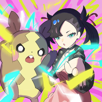 1girl :o asymmetrical_bangs black_choker black_hair black_jacket black_nails choker commentary_request dress eyelashes gen_8_pokemon green_eyes hair_ribbon highres jacket long_sleeves marnie_(pokemon) morpeko morpeko_(full) nail_polish nintendo nomayui open_clothes open_jacket open_mouth pink_dress pokemon pokemon_(creature) pokemon_swsh purple_background red_ribbon ribbon