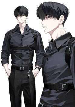 Rule 34 | 1boy, belt, belt buckle, black belt, black eyes, black hair, black pants, black shirt, buckle, buttons, chest harness, collared shirt, dress shirt, hands in pockets, harness, highres, key, long sleeves, looking at viewer, male focus, mole, mole under mouth, multiple views, original, pants, parted lips, shirt, shirt tucked in, short hair, simple background, standing, ugonba (howatoro), watch, white background, wristwatch