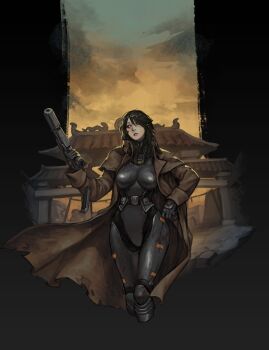 1girl arch black_background black_bodysuit black_hair blood blood_on_clothes bodysuit chinese_stealth_armor duster fallout freckles grey_eyes gun handgun highres long_hair orange_sky paifang penett reloading ruins sky solo suppressor torn_clothes weapon