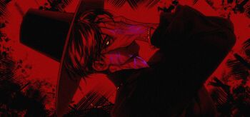 1boy black_hanbok body_markings bracelet demon dutch_angle facial_mark gat_(hat) hanbok hashtag-only_commentary hat highres jewelry jinu_(kpop_demon_hunters) korean_clothes kpop_demon_hunters male_focus oophytoncideoo red_background red_theme short_hair smile solo yellow_eyes