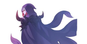 Rule 34 | alpha transparency, armor, artist request, black armor, black horns, cape, character request, closed mouth, colored skin, highres, hood, hood up, horned armor, horns, long hair, nexon, nose, official art, pauldrons, print hood, profile, purple cape, purple hood, red hair, red horns, second-party source, shoulder armor, simple background, solo, straight hair, tales weaver, transparent background, two-tone cape, white skin, yellow eyes