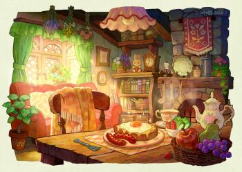 Rule 34 | apple, bookshelf, bowl, bread, bread slice, candle, ceiling light, chair, chimney, commentary request, cup, drink, food, fork, fried egg, fruit, grapes, indoors, kemi neko, no humans, original, pear, plant, plate, potted plant, raspberry, salad, saucer, sausage, scenery, table, tea, teacup, toast, window, wooden chair, wooden table, yarn, yarn ball