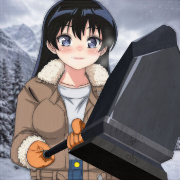1girl arato_nagi black_hair blue_eyes blue_pants blush breasts brown_coat cloud cloudy_sky coat collarbone denim fur-trimmed_coat fur_trim gloves grey_sky hammer holding holding_hammer jeans large_breasts long_hair long_sleeves looking_at_viewer mountain open_clothes open_coat orange_gloves pants ruri_no_houseki shirt sky sledgehammer smile snow snowing standing t_jiroo_(ringofriend) tree white_shirt winter