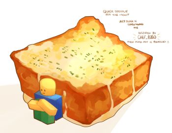 1other curled_up english_text food_focus full_body garlic_bread highres himochuu mini_person noob_(roblox) oversized_object roblox sitting solo