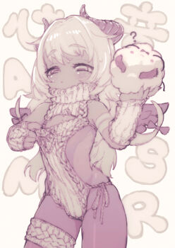 1girl amaryllis_gumi blush bridal_gauntlets cleavage_cutout closed_mouth clothing_cutout cowboy_shot creature dark-skinned_female dark_skin feral_lemma flat_chest hand_up heattech_leotard heterochromia highres holding holding_creature horizontal_pupils horns leotard loli long_hair looking_at_viewer monochrome revealing_clothes ribbed_leotard side-tie_leotard side_cutout leotard solo standing text_background thigh_strap turtleneck virtual_youtuber wings yotsutsuji_mayoi