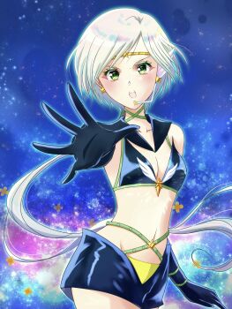 Rule 34 | bishoujo senshi sailor moon, bishoujo senshi sailor moon stars, black gloves, breasts, cleavage, collarbone, commentary request, elbow gloves, gloves, green eyes, highres, long hair, looking at viewer, midriff, navel, ponytail, sailor star healer, shiiba itsuki, shorts, small breasts, white hair, yaten kou