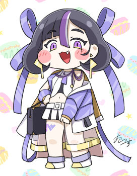 1girl absurdres black_hair blush chibi chibi_only commentary_request earrings earth_ekami fang food full_body goddess_of_victory:_nikke hair_ribbon hand_on_own_hip highres jacket jewelry looking_at_viewer macaron mole mole_under_eye multicolored_hair navel open_mouth parody purple_eyes purple_jacket purple_ribbon ribbon signature simple_background solo standing streaked_hair style_parody syuen_(nikke) trickcal