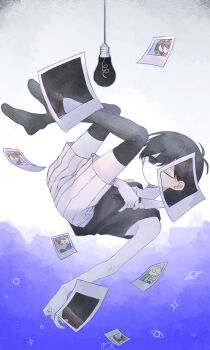 Rule 34 | 1boy, aubrey (faraway) (omori), aubrey (omori), basil (faraway) (omori), basil (omori), black eyes, black hair, black tank top, black thighhighs, closed mouth, colored skin, commentary request, dual persona, expressionless, hair behind ear, hero (faraway) (omori), hero (omori), highres, holding, holding knife, kel (faraway) (omori), kel (omori), knife, light bulb, looking at viewer, male focus, mimi utlove, omori, omori (omori), one eye closed, photo (object), short hair, shorts, solo, striped clothes, striped shorts, sunny (omori), tank top, thighhighs, vertical-striped clothes, vertical-striped shorts, white shorts, white skin