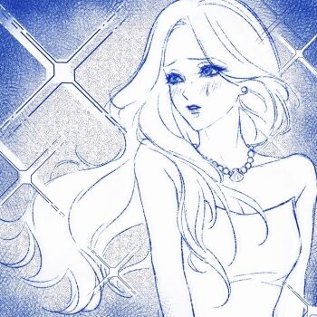 Rule 34 | 1girl, bare shoulders, bei ya te li qi, blue theme, breasts, cleavage, commentary, crying, dress, earrings, english commentary, floating hair, jewelry, k-pop, long hair, looking to the side, mina (twice), mole, mole on nose, monochrome, necklace, real life, seashell, shell, solo, sparkle, strapless, strapless dress, twice (group)