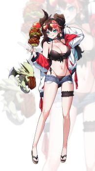Rule 34 | 1girl, :q, ahoge, aqua eyes, asymmetrical horns, bare shoulders, bikini, black bikini, black nails, blue shorts, breasts, broken horn, brown hair, brown horns, chakkab, cleavage, commentary request, denim, denim shorts, dragon, dragon knight (dungeon and fighter), dungeon and fighter, eyelashes, eyewear on head, food, full body, highres, holding, holding food, horns, jacket, knight (dungeon and fighter), long hair, long sleeves, meat, multicolored hair, nail polish, navel, off shoulder, open clothes, open jacket, pointy ears, red-tinted eyewear, sandals, shish kebab, short shorts, shorts, smile, standing, stomach, swimsuit, tinted eyewear, toenail polish, toenails, tongue, tongue out, two-tone hair