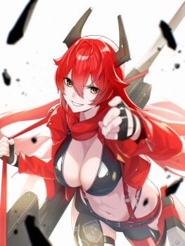 Rule 34 | 1girl, absurdres, black gloves, black horns, breasts, cleavage, clothing cutout, commentary request, debris, fingerless gloves, fune (fune83ojj), gloves, goddess of victory: nikke, highres, hip vent, horns, jacket, large breasts, latex bikini, leather, leather jacket, leather pants, leg cutout, long hair, mechanical horns, navel, pants, red hair, red hood (nikke), red scarf, scarf, smile, solo, white background, yellow eyes