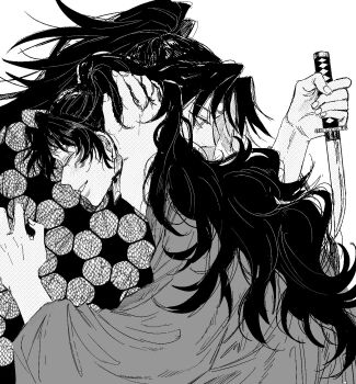 2boys earrings fingernails greyscale grin half-closed_eyes hanafuda_earrings haori high_ponytail highres holding holding_knife hug japanese_clothes jewelry kimetsu_no_yaiba kimono knife ko_sgn long_hair male_focus monochrome multiple_boys ponytail print_kimono profile simple_background smile spiked_hair teeth tsugikuni_michikatsu tsugikuni_yoriichi very_long_hair white_background