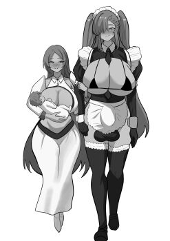 1futa 1girl akeno_(itsnafulol) apron baby between_breasts bikini bleach bleach:_sennen_kessen-hen blush breast_sucking breastfeeding breasts breasts_out bulge cheating_(relationship) cleavage cleavage_cutout clothing_cutout dress futa_with_female futanari gloves grabbing_another's_arm hair_between_eyes hair_over_one_eye height_difference huge_breasts inoue_orihime locked_arms long_hair looking_at_another maid maid_apron maid_bikini maid_headdress meowdeer midriff monochrome netorare paid_reward patreon_reward skirt smile swimsuit thick_thighs thighhighs thighs twintails unconventional_maid walking wide_hips
