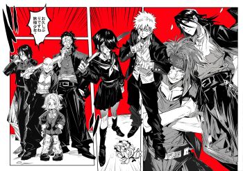 2girls 6+boys abarai_renji absurdres ayasegawa_yumichika bag bald bandaid bandaid_on_face baseball_bat belt bleach blowing_bubble_gum chain chest_tattoo chewing_gum child clenched_hand crossed_arms delinquent eyepatch greyscale_with_colored_background hand_in_pocket hand_on_own_chin hands_on_own_hips hashtag-only_commentary headband highres holding holding_bag holding_baseball_bat holding_sword holding_weapon jacket jacket_on_shoulders jewelry kon_(bleach) kuchiki_byakuya kuchiki_rukia kurosaki_ichigo kusajishi_yachiru looking_at_viewer madarame_ikkaku multiple_boys multiple_girls neck_ribbon necklace open_clothes open_jacket over_shoulder ribbon sailor_collar school_bag school_uniform skirt smile smirk spiked_hair sword tattoo undercut weapon weapon_over_shoulder wooden_sword xi_luo_an_ya zaraki_kenpachi