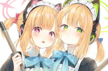 2girls :&lt; aimi_(mimi_nii2) animal_ear_headphones animal_ears apron black_dress blue_archive blue_bow blue_bowtie blush bow bowtie broom cat_ear_headphones cat_ears closed_mouth collared_dress contrast_collar dress fake_animal_ears frilled_apron frills from_below green_eyes green_halo hair_between_eyes hair_bow halo hand_up hashtag-only_commentary headdress headphones highres holding holding_broom looking_at_viewer low_ponytail maid maid_apron maid_headdress midori_(blue_archive) midori_(maid)_(blue_archive) momoi_(blue_archive) momoi_(maid)_(blue_archive) multiple_girls official_alternate_costume open_mouth orange_hair pink_bow pink_eyes pink_halo ponytail siblings simple_background sisters swept_bangs teeth tongue twins upper_teeth_only white_apron white_background white_headdress