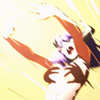 1girl animated aura_(sousou_no_frieren) breasts explosion hand_shadow_covering_breasts_(meme) highres horns kaiba's_defeat_(meme) khyle. large_breasts looping_animation medium_hair meme motion_lines nude open_mouth outstretched_arms purple_hair simple_background solo sousou_no_frieren tagme upper_body video wide-eyed yellow_background